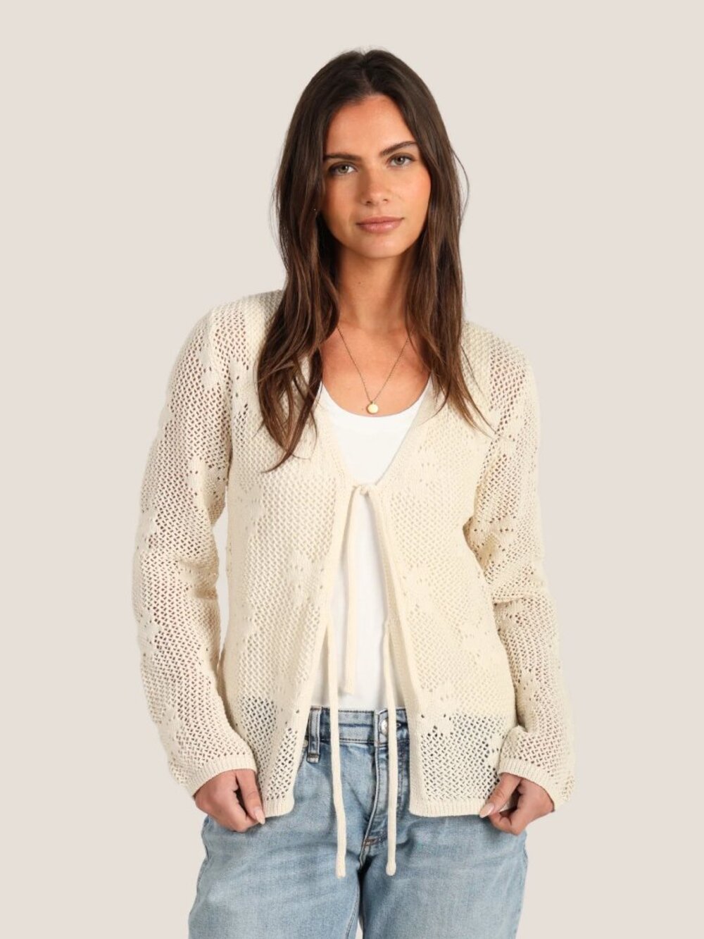Dylan Lily Crochet Tie-Front Cardigan Cream Pointelle Open Knit Bow | Size M